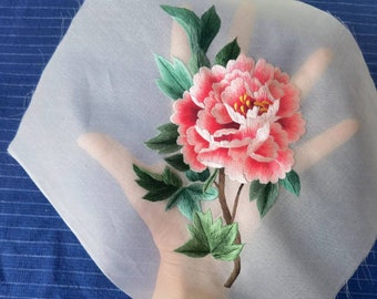 Chinese peony flower hand embroidered patch - double side -  24cmx24cm in size - perfect for frame