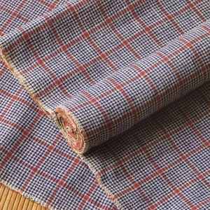 Vintage plaid cotton handwoven fabric - indigo blue and orange checked - 18inches in width - upholstery fabric