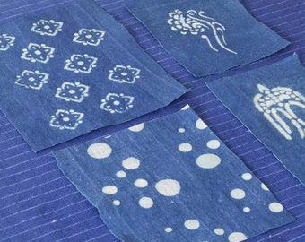 4pcs Indigo Hand Dyed Fabric Scraps: Paste Resist dye