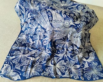 Silk Indigo Hair Scarf: Hand-Dyed Batik Hmong Motifs