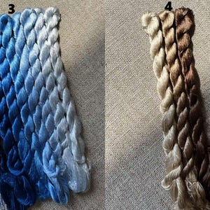 Pode incluir: Tr&ecirc;s fios de linha de bordado azul, que v&atilde;o do azul escuro ao azul claro, e tr&ecirc;s fios de linha de bordado branco, que v&atilde;o do branco ao azul claro. O fio est&aacute; disposto em uma tran&ccedil;a.
