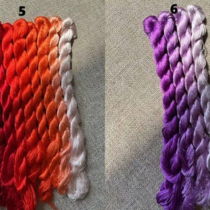 Pode incluir: Dois conjuntos de fio para bordar, um conjunto em tons de vermelho e laranja, o outro em tons de roxo e lavanda. O fio est&aacute; disposto em um padr&atilde;o de degrad&ecirc;, com os tons mais escuros na parte superior e os tons mais claros na parte inferior. O fio est&aacute; etiquetado com os n&uacute;meros 5 e 6.