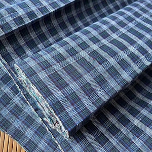 Vintage plaid cotton handwoven fabric - blue green small checked - 15inches in width - crafting fabric