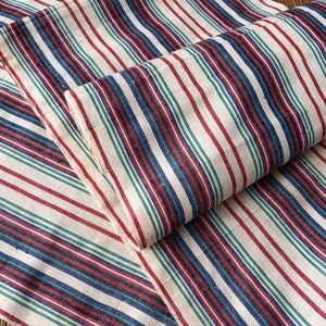 Vintage Chinese cotton woven fabric - red green blue stripes - 14inches in width - sold by the meter - upholstery fabric