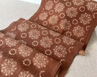 Kakishibu Persimmon Dyed Cotton Fabric: Handwoven Baoxiang Flower Print, Wabi Sabi Style