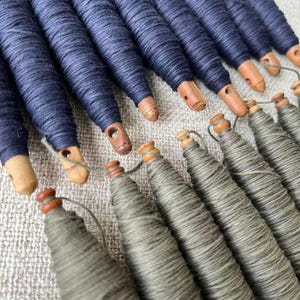 May include: An overhead shot of several spools of thread. The spools are navy blue and gray, with wooden bases. The navy blue spools are arranged in a row, while the gray spools are in a separate row. The background is a light beige fabric.