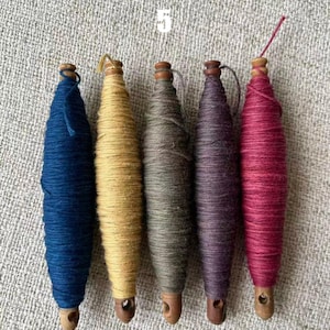 May include: Five spools of colorful yarn in shades of blue, yellow, green, purple, and red. Each spool is wrapped around a wooden core with a small hole at the bottom. The number "5" is printed in white at the top.