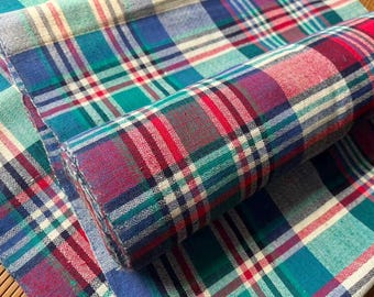 Vintage Karierter Baumwollstoff: Grün Rot Blau Kariert, Handgewebtes Textil, Bastelmaterial, 47 cm breit