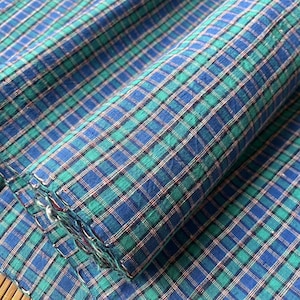 Vintage plaid cotton handwoven fabric -  green and blue checked - 36cm in width - perfect for crafting