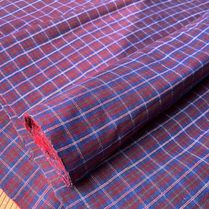 Vintage plaid cotton handwoven fabric - berry and blue checked - 58.5cm in width - crafting fabric