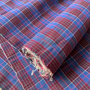 Vintage plaid cotton handwoven fabric - berry and blue checked - 35.5cm in width - sold by the meter
