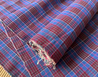 Vintage plaid cotton handwoven fabric - berry and blue checked - 35.5cm in width - sold by the meter