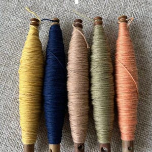 May include: Five colorful yarn spools in shades of yellow, navy blue, tan, olive green, and peach. Each spool is wound around a wooden base with a small hole at the bottom. The spools are arranged in a row on a textured gray surface.