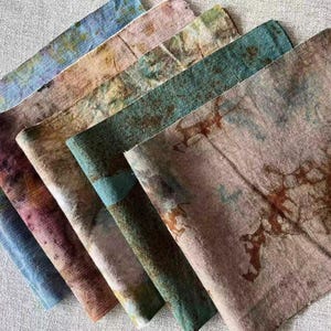 Set of 5pcs Botanical Dyed Fabric Scraps: Handwoven, Boro Material, Eco Print, Natural Hand Dye