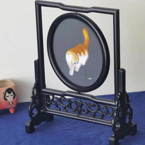 Chinese double side hand embroidered tabletop - cat playing matins - perfect for house warming gift or home decoration or collection