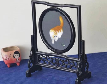 Chinese double side hand embroidered tabletop - cat playing matins - perfect for house warming gift or home decoration or collection