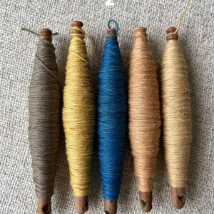 May include: Five wooden spools wrapped with colorful yarn. The spools are in shades of brown, yellow, blue, and tan. The spools are arranged in a row on a textured, light gray surface. The number "2" is visible in the background.