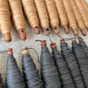 May include: A collection of wooden spools, some wrapped with tan thread and others with gray thread. The spools have a tapered shape and are arranged in rows, suggesting a textile or craft theme.