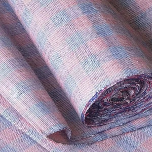 Vintage plaid cotton handwoven fabric - pink blue checked - 14inches in width - perfect for bags