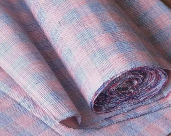 Vintage plaid cotton handwoven fabric - pink blue checked - 14inches in width - perfect for bags
