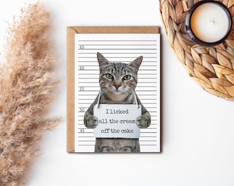 Funny Birthday Card, I Licked All The Cream Off The Cake, Cat Card, Humorous Cat Card, Quirky Cat Card, Unusual Cat Card, Cat Lover Card
