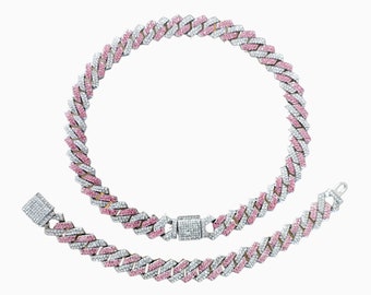 Cadena y pulsera cubana de cristal helado Rosa