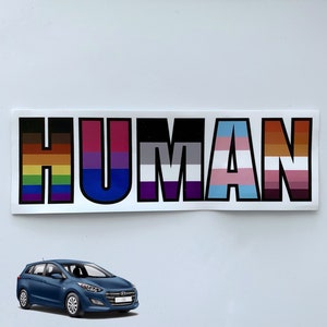 LGBTQ+ pride bumper sticker, HUMAN vinyl decal, gay pride, queer pride, inclusive stickers, car sticker