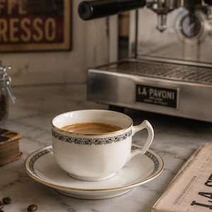 Könnte beinhalten: Eine weiße Porzellantasse mit Untertasse, verziert mit einem schwarzen geometrischen Muster und einem dünnen Goldrand. Die Tasse ist mit Kaffee gefüllt und steht auf einer Marmoroberfläche neben einer Zeitung mit dem Text LA STAMPA und einer Kaffeemaschine.