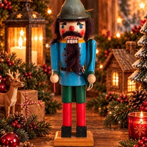 Könnte beinhalten: Eine hölzerne Nussknacker-Figur mit einem grauen spitzen Hut, einer hellblauen Jacke mit schwarzen Knöpfen, einer grünen Hose und roten Beinkleidern. Die Figur hat einen dunkelbraunen Schnurrbart, einen weißen Bart und steht auf einem Holzsockel.