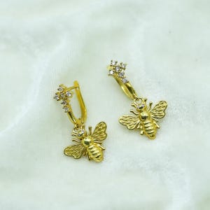 ECHTE diamanten 3D-honingbij 14K geelgouden hoepeloorbellen-handgemaakte vrouwenoorbel, gouden oorhaak, cadeau voor haar, 3D-honingbij gouden hoepeloorbellen