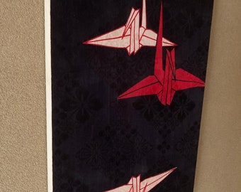 Wooden canvas using antique kimono　Origami crane　5