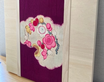 Wooden canvas made from antique kimono Plum blossoms in the clouds