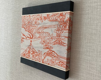 Small wooden canvas using antique kimono　「Ro」 Transparent　（vermillion red, white）