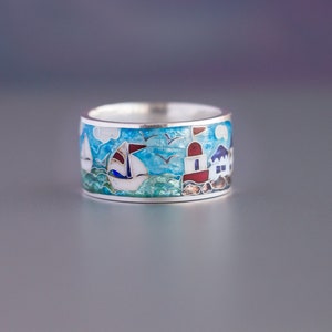 Lighthouse enamel ring Sea Boat Enamel silver ring Cloisonne enamel Sterling silver Minanqari Handmade enamel ring Art jewelry Gift for her