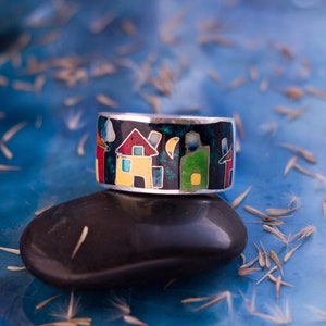 Enamel ring Sterling silver Cloisonne enamel Enamel ring with Small houses Handmade enamel ring Art jewelry Author’s work