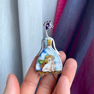 Handmade Cloisonne Enamel Silver Brooch: Rafael&#39;s Angel Art Jewelry