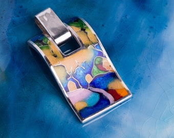 Winter landscape. Sterling silver pendant. Enamel silver pendant. Cloisonné enamel. Handmade pendant. Author’s work.
