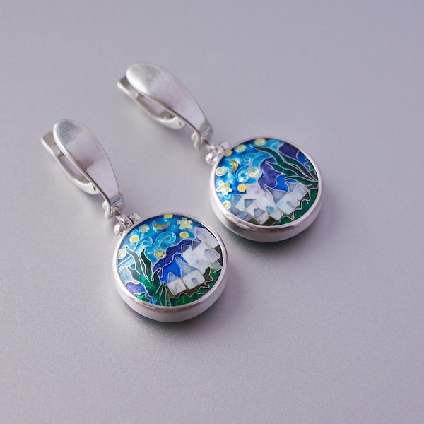 Circle enamel earrings Drop enamel earrings Cloisonne enamel Sterling silver Double-sided enamel earrings Landscape Handmade earrings