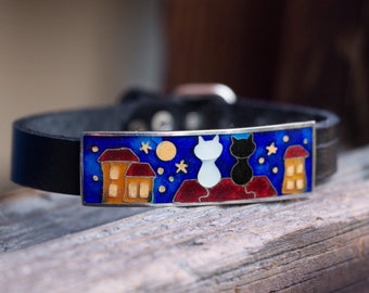 Enamel silver bracelet. Leather bracelet with silver and enamel. Cloisonne enamel. Handmade bracelet. Author’s work.