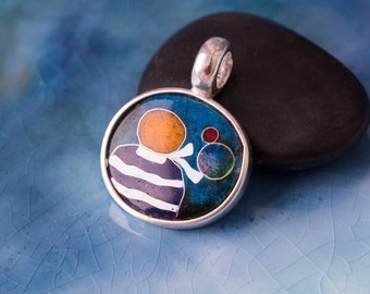 Circle enamel pendant Cloisonne enamel Sterling silver The Little Prince Handmade enamel pendant Planet Art jewelry