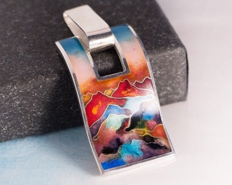 Dawn in the mountains. Silver pendant. Enamel pendant. Sterling silver. Georgian cloisonné enamel. Handmade Jewelry. Author’s work.