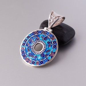 Enamel pendant. Cloisonné enamel. Blue enamel floral pendant. Sterling silver. Moon Garden. Handmade enamel. Art jewelry. Author’s work.