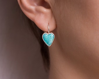 Heart Enamel earrings Heart earrings Drop enamel earrings Blue enamel heart earrings Sterling silver Handmade earrings Art jewelry