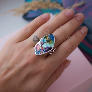 Enamel ring Sterling silver Cloisonne enamel Floral enamel ring A part in the forest Handmade enamel ring Art jewelry Author’s work