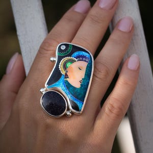 Enamel ring with aventurine Eastern Essence Sterling silver Cloisonné enamel Turquoise enamel ring Handmade enamel Art jewelry Author’s work