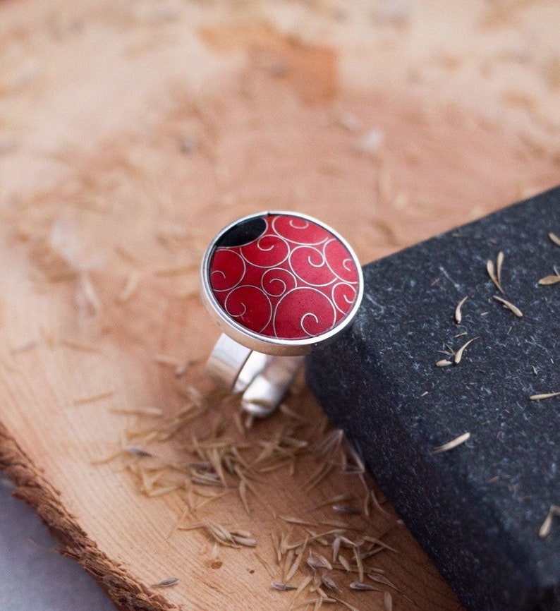 Enamel ring Sterling silver Cloisonné enamel Red enamel ring Circle enamel ring Red velvet Handmade enamel ring Art jewelry Authors work image 1