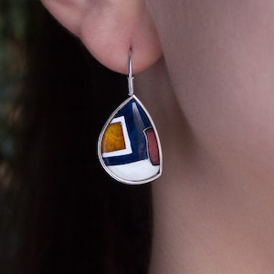 Enamel Drop earrings Cloisonné enamel Sterling silver Geometric enamel earrings  Handmade earrings Art jewelry Author’s work