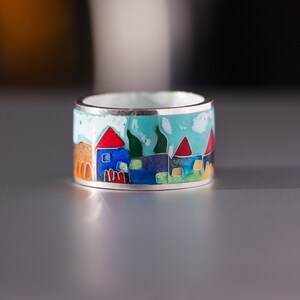 Enamel ring Sterling silver Cloisonne enamel Enamel ring with Tbilisi houses Colorful enamel ring Handmade ring Art jewelry Author’s work