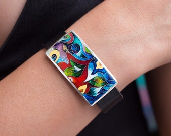 Enamel silver bracelet on leather strap. Sterling silver. Cloisonne enamel. Flame. Handmade enamel bracelet. Art jewelry. Author’s work.