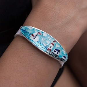 Cloisonné geëmailleerde sterlingzilveren armband: zee, vuurtoren, boot kunstsieraden